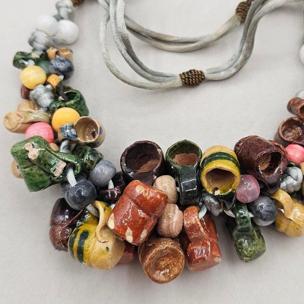 Vintage Folk Art Pottery Mug Bead Necklace Ceramic Tankard Bib Statement Boho - Picture 2 of 14